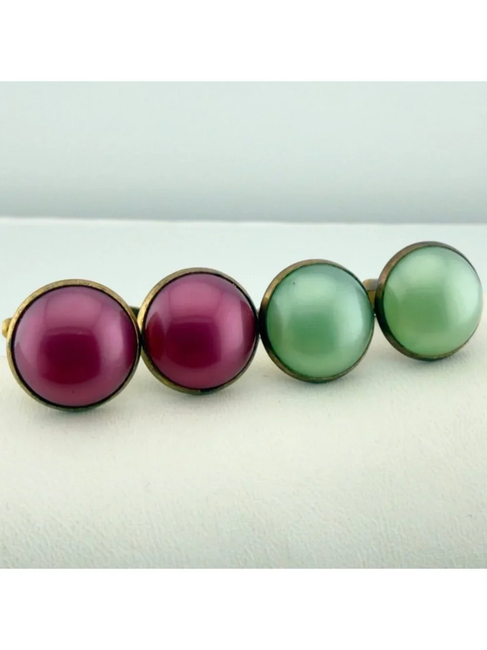 Vintage Round Cabochon Cufflinks Set of 2 Green Pink Mid Century